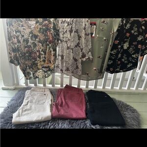 Floral and Solid Blouses with Pants Set